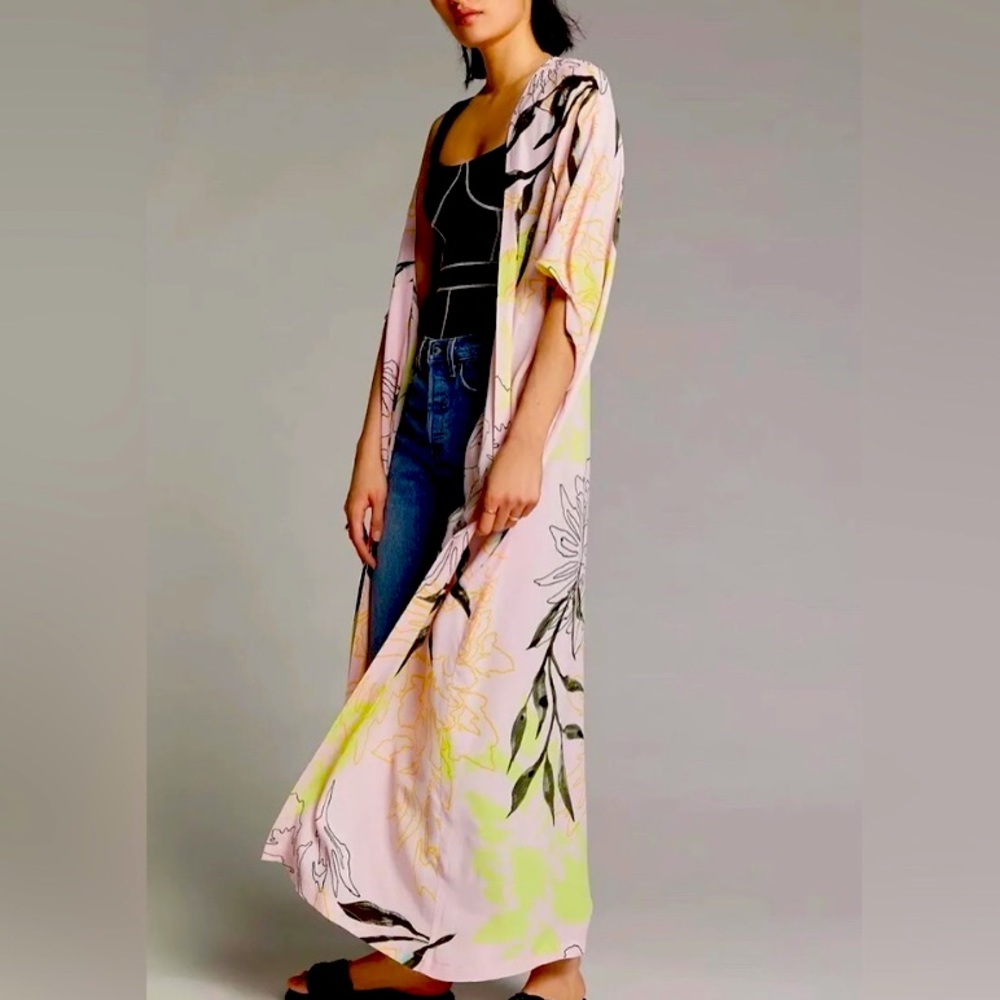 Anthro kimono by Bel Kazan - pink yellow black floral duster robe OS